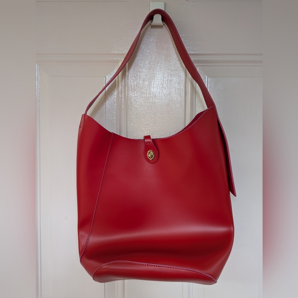 Elizabeth Arden bright red bucket bag PVC vegan shiny tote